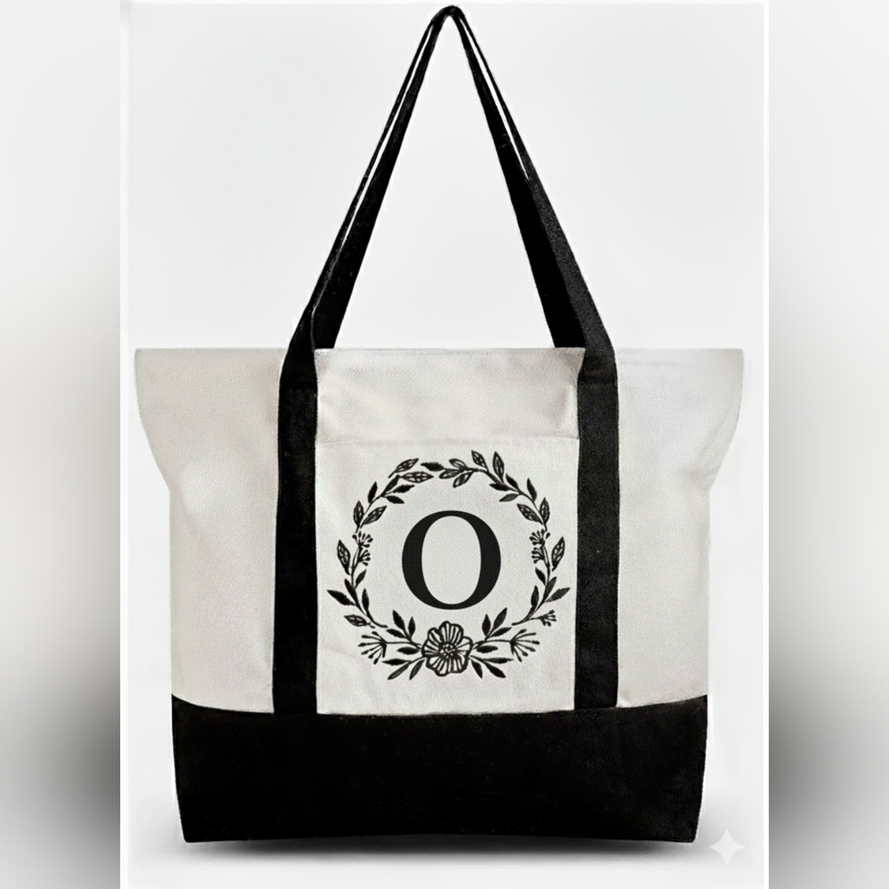 Monogrammed Embroidered Canvas Tote Bag Zipper Pocket Personalized Gift Letter O